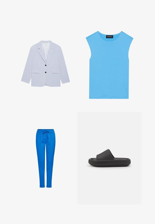 Even&Odd Bleiser - light blue; Sinine ilma varrukateta ülakiri, mis on valmistatud siledast kangast, ümmarguse kaelusega ja puhaste joontega, ilma täiendavate kaunistuste või mustriteta.; Sinised jogger-vooderdatud püksid pehmest kangast, millel on elastne vöökoht ja nöör, kaks esikotti ja kitsenev jalgade kujundus.; Musthave must sandaal must sile da g мур кодынаeve peene, mil relaltu lintots kiiustseteer esta ja matalkel, ja arkopood on kehedkolves ja ett slear.