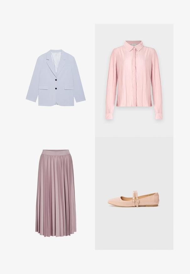 Even&Odd by Zalando Blazer - light blue; Rosa langærmet bluse med kravehals, der har en plisseret tekstur og knaplukning foran. Glat stof med kontrasterende manchetter.; Plisseret lang nederdel i blødt lyserødt stof med elastisk talje. Den glatte tekstur og det svungne design fremhæver dens samlede form.; Sart rosa patentlæder balletflade med spids tå, der har to justerbare remme og en lav, flad gummisål.