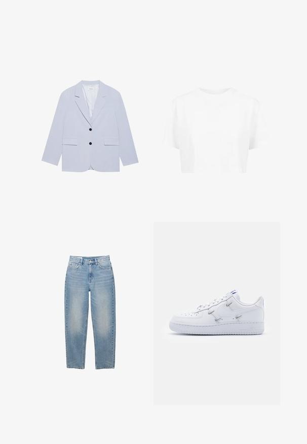Even&Odd Blazer - light blue; Weißes, kurzes T-Shirt mit kurzen Ärmeln und rundem Halsausschnitt, aus glattem Stoff, ohne sichtbare Muster oder auffällige Hardware.; Hellblaue gerade geschnittene Jeans mit Knopf, Reißverschluss und fünf Taschen, auf weißem Hintergrund dargestellt.; Nike Sportswear AIR FORCE 1 - Sneaker low - white/hyper royal/black