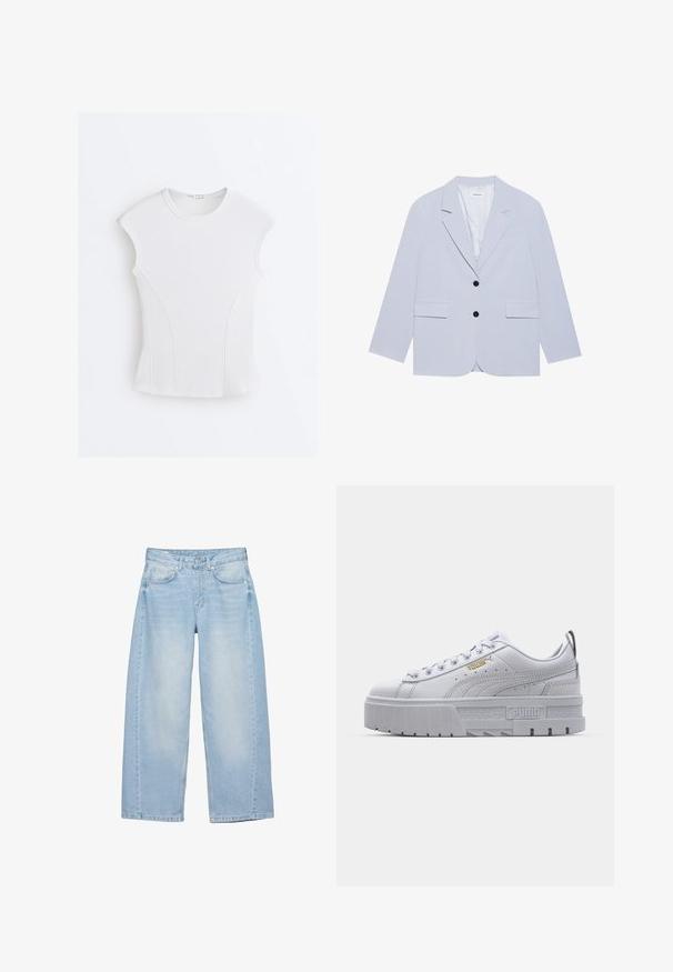 Even&Odd by Zalando Blazer - light blue; Witte geribde mouwloze top met ronde halslijn en gebogen naaddetails op een effen witte achtergrond.; Lichtblauwe jeans met brede pijpen, voorzijde met knopen en rits, vijf zakken en subtiele vervaagde details op de dijen.; Witte platform sneakers met een leren bovenwerk, gevoerde kraag, grijze rubberen zool en gouden accenten met het Puma-logo.