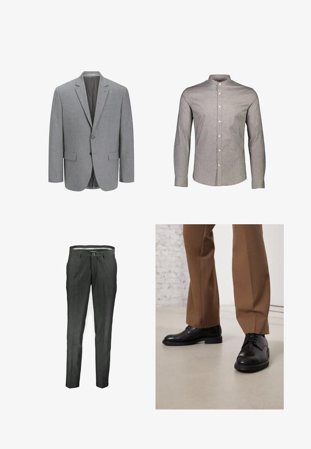Grijze blazer van gestructureerde stof, met twee-knoopsluitingen, notch revers, één borstzak en twee zijzakken. Gevoerde binnenkant.; Lindbergh OXFORD MANDARIN SUPERFLEX - Overhemd - dust grey mix; Donkergrijze, op maat gemaakte broeken met een rechte pasvorm, voorzien van een enkele knoopsluiting en een subtiele textuur. Geen zichtbare zakken of patronen.; Zwarte leren schoenen met een gladde oppervlakte en een ronde neus, metveterafsluiting en een lage, platte zool. Gecombineerd met bruine broeken.