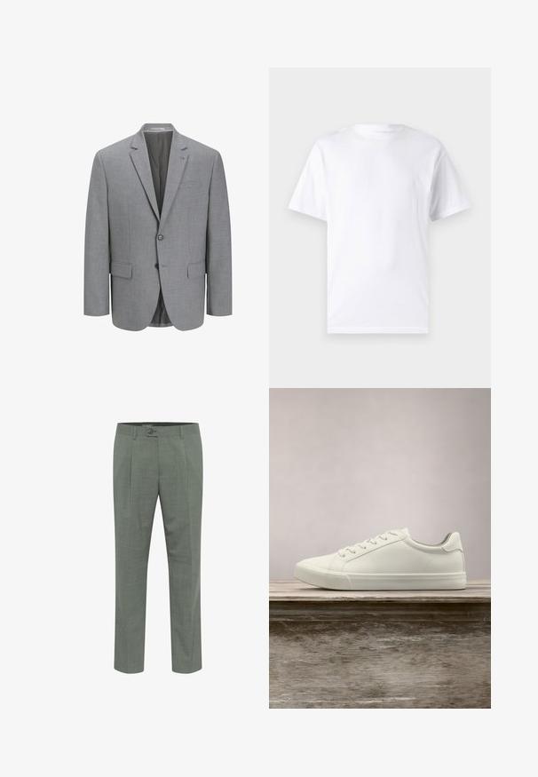 Grauer Blazer aus strukturiertem Stoff, mit Zwei-Knopf-Verschluss, Reverskragen, einer Brusttasche und zwei seitlichen Taschen. Futter im Inneren.; Weißes kurzärmeliges T-Shirt aus Baumwolle mit Rundhalsausschnitt, das eine glatte Textur und ein einfaches Design ohne Muster oder Akzente aufweist.; Maßgeschneiderte grüne Hosen mit strukturierter Oberfläche, ausgestattet mit einem einzelnen Knopfverschluss und einem gefältelten Vorderdesign. Gerader Beinabschluss.; Weiße Schnürsneaker, die über einer Holzbank mit grünem Laub im Hintergrund schweben und das Schuhdesign sowie die Textur zeigen.