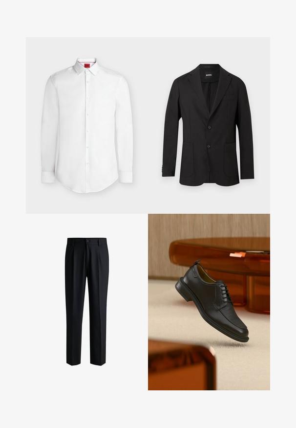 Blazer noir à deux boutons avec revers crantés, deux poches avant, poche poitrine et étiquette "BOSS" à l'intérieur du col.; Chemise blanche à manches longues avec boutons, col pointu et étiquette rouge de la marque Hugo à l'intérieur du col.; Pantalons noirs en tissu lisse, avec une coupe droite, des plis à l'avant et une fermeture à bouton avec passants de ceinture.; Chaussure habillée noire en cuir à lacets avec devant texturé, flottant au-dessus d'un tapis beige dans une pièce moderne avec des meubles teintés d'ambre.