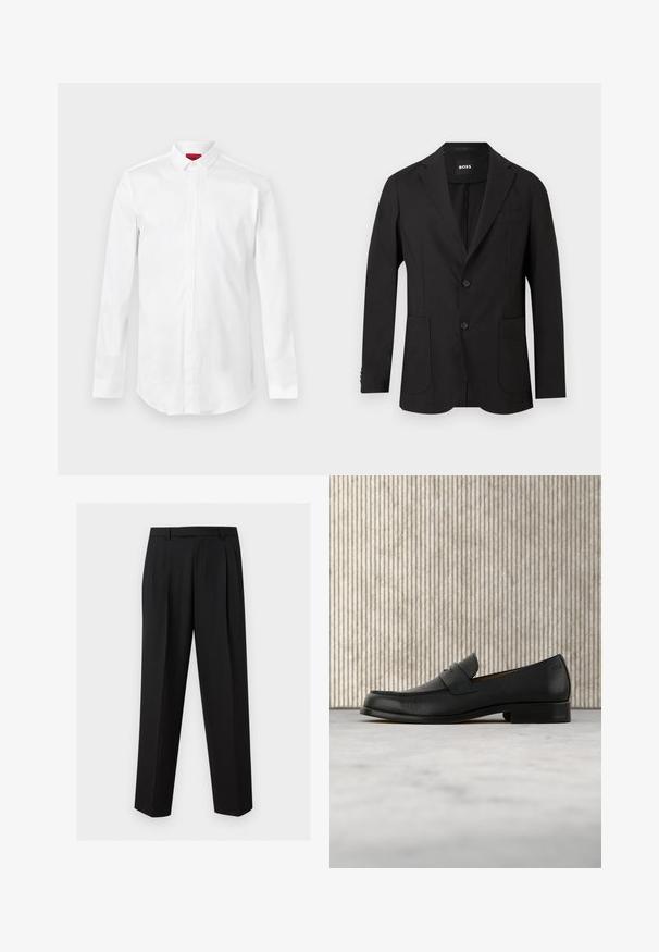 Blazer noir à deux boutons avec revers crantés, deux poches avant, poche poitrine et étiquette "BOSS" à l'intérieur du col.; Chemise blanche à manches longues avec col pointu et patte de boutonnage cachée, présentée sur un fond clair uni.; Pantalon noir sur mesure avec jambes droites, plis à la taille, passants de ceinture et poches latérales fendues, présenté sur un fond uni.; Mocassin en cuir noir flottant au-dessus d'un tapis beige avec une table ronde brune brillante en arrière-plan.