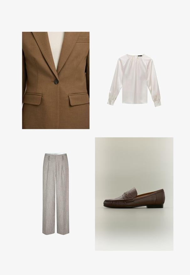 Bruine blazer met één knoop, revers en klepzakken, gedragen over een witte top, getoond van borst tot taille.; Witte satijnen bloes met lange mouwen, ronde halslijn en geplooide details. Heeft iets gepofte mouwen en een gladde textuur.; Second Female JUN - Broek - trench coat; Bruine leren loafer met een metalen bitdetail aan de voorkant en een lage zwarte hak, zijaanzicht op een neutrale achtergrond.