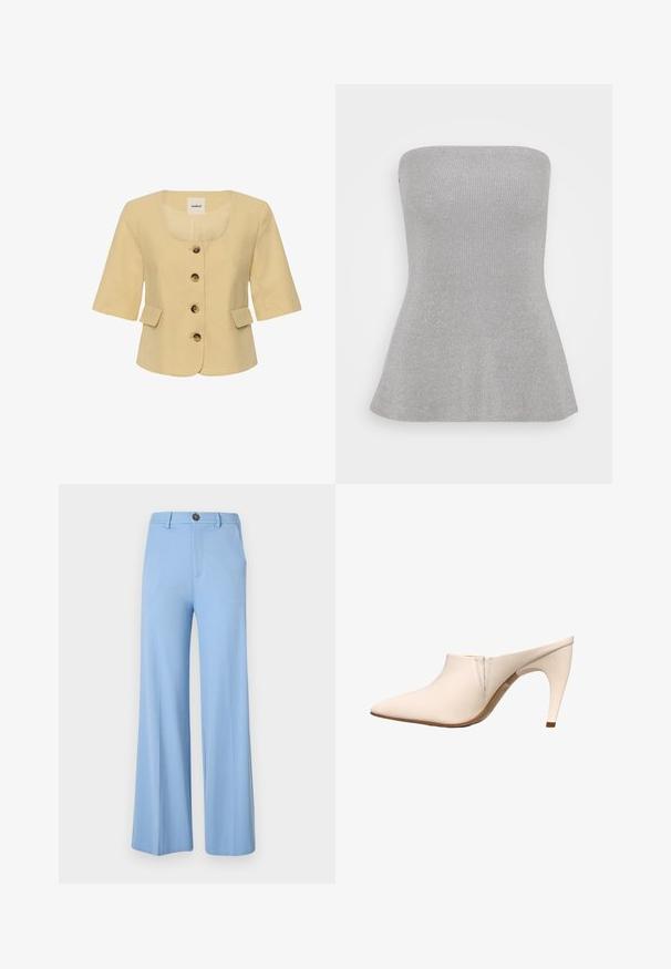 Beige kortærmet dameblazer med rund halsudskæring, fire forreste knapper og små klaplommer på hver side.; Selected SLFLILI BANDEAU - Top - sleet; Lys blå vide bukser lavet af et glat stof, med knaplukning og forlommer. Rent, skræddersyet design uden mønstre.; Beige mule med spids tå, mellemhøj buet hæl og minimale syninger nær åbningen på hvid baggrund.