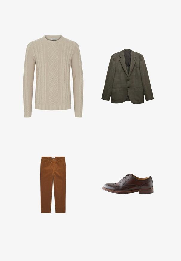 Brun houndstooth blazer med slået krave, to knapper og to frontlommer. Foret indre med en glat tekstur.; Beige strikket sweater med et tekstureret kabelmønster og ribbede manchetter og kant. Klassisk rund halsudskæring med lange ærmer.; Brune fløjl bukser med lige pasform, der har frontlommer, knaplukning og lodrette ribbede strukturer.; Mørkebrun læder wingtip brogue sko med perforerede detaljer og snørebånd, vist fra ydersiden på en hvid baggrund.