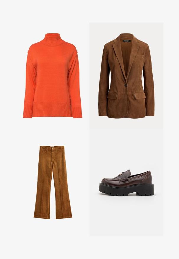 Brun ruskind single-knap blazer med notched revers, to frontklaplommer og en brystlomme fra Lauren Ralph Lauren.; Turtleneck sweater i lys orange, med ribbet tekstur, sænkede skuldre og en løs pasform med brede manchetter.; Brune fløjl flared bukser med en tekstureret finish, fem lommer og knaplukning. Flad talje med bæltestropper og et bred ben design.; Madden Girl CALISTA - Loafers - brown