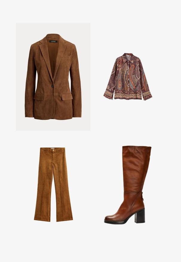 Brun ruskind single-knap blazer med notched revers, to frontklaplommer og en brystlomme fra Lauren Ralph Lauren.; Langærmet skjorte med knapper og bred krave, med et detaljeret paisley mønster i brune, orange, blå og beige toner.; Brune fløjl flared bukser med en tekstureret finish, fem lommer og knaplukning. Flad talje med bæltestropper og et bred ben design.; Brune læder knæhøje støvler med rund tå, chunky sort hæl og subtile syninger foran og bagpå.