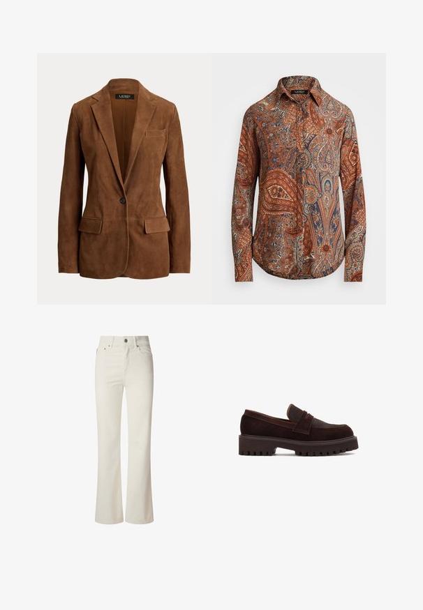 Brun ruskind single-knap blazer med notched revers, to frontklaplommer og en brystlomme fra Lauren Ralph Lauren.; Langærmet skjorte i brun med indviklede paisley-mønstre i blå og creme. Har en klassisk krave og knaplukning foran.; Hvide flagrende jeans lavet af denim. Har en høj talje, fem lommer og metallisk knaplukning. Glat tekstur uden synlige mønstre.; Mørkebrun ruskindsloafer med chunky sål og ponyhårsdetalje på toppen, vist i sideprofil på hvid baggrund.