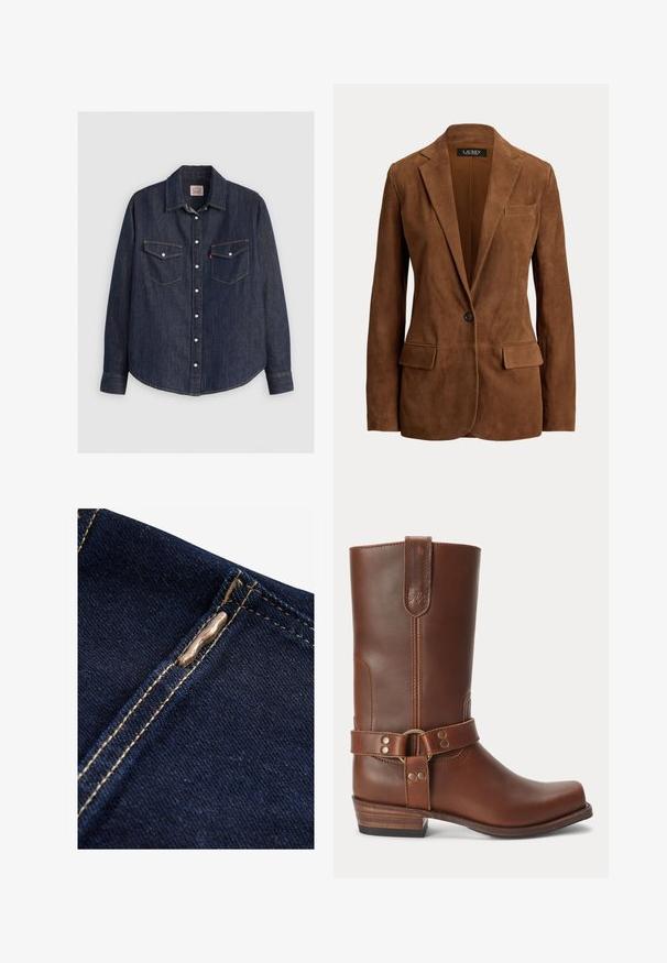 Hnedý semišový sako na jedno gombík s výrezovými goliermi, dvoma prednými klopovými vreckami a náprsným vreckom značky Lauren Ralph Lauren.; Tmavomodrá denimová košeľa s dlhými rukávmi, zapínanie na gombíky vpredu, dve náprsné vrecká so klopami a kontrastným žltým prešívaním.; Next REGULAR FIT - WIDE LEG - Zvonové džínsy - rinse blue; Hnedá kožená čižma po lýtko s nízkym dreveným podpätkom, okrúhlym špicom a dekoratívnym remienkom so kovovými cvokmi okolo členku.