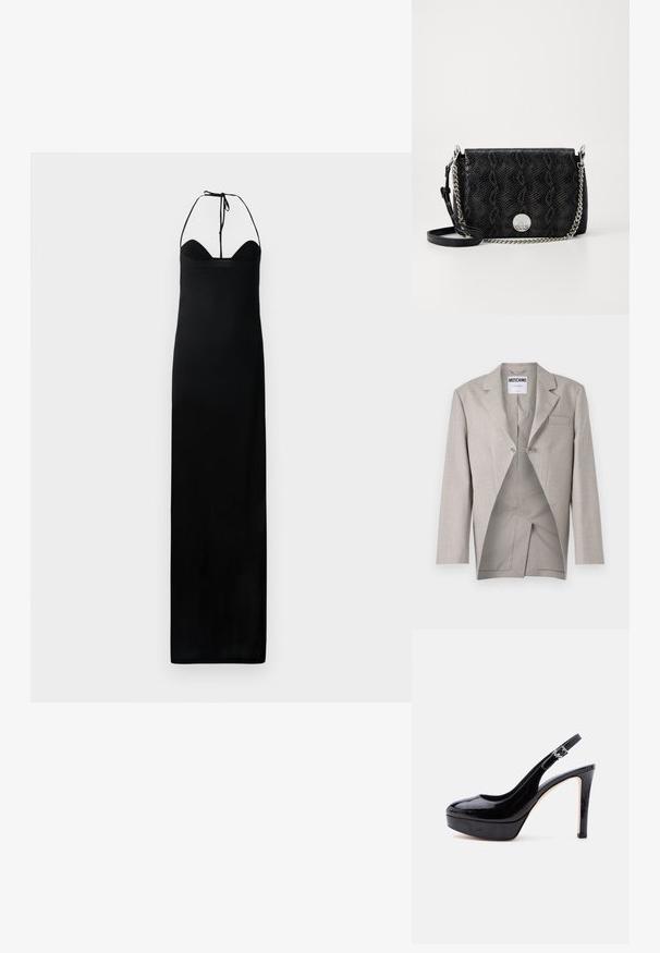 Blazer gris claro con acabado texturizado, que presenta un único bolsillo en el pecho y un interior visible con un corte único y detalle de cierre plateado.; Vestido maxi negro con un corpino ajustado, lazos en el cuello halter y una textura lisa y suave. Presenta una silueta recta sin adornos.; Zapato de plataforma con tacón alto, de charol negro, con tira trasera y hebilla plateada, puntera redondeada, mostrado de perfil sobre un fondo blanco.; Bolso cruzado de cuero negro texturizado con correa de cadena plateada y placa de logotipo circular plateada en la solapa frontal.
