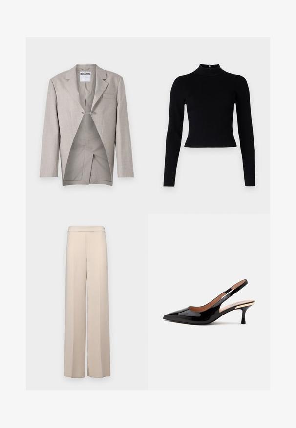 Lys grå blazer med en tekstureret overflade, der har en enkelt brystlomme og et synligt interiør med et unikt snit og sølvklapdetalje.; Sort ribbet turtleneck sweater med lange ærmer og en tætsiddende silhuet, der har en glat overflade og en lynlåsdetalje på ryggen.; Beige vidde bukser i et glat stof med høj talje og subtile frontfolder. Ingen lommer eller synlige hardware detaljer.; Sort laklæder slingback pumpe med spids tå og lav kitten hæl på en ens hvid baggrund.
