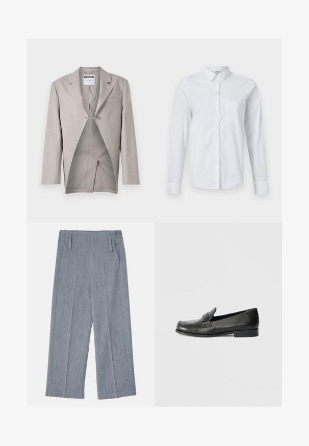 Blazer gris clair avec une finition texturée, présentant une poche poitrine unique et un intérieur visible avec une coupe originale et un détail de fermoir en argent.; Chemise blanche à manches longues en coton, avec col, ouverture boutonnée à l'avant, et une poche poitrine unique. Texture lisse. Sans motifs.; Pantalons larges gris clair en tissu texturé, avec deux plis avant et deux poches latérales. Design épuré et ajusté.; Mocassins en cuir noir avec un bout arrondi, des détails de couture surélevés et un talon bas empilé. Texture lisse avec un éclat subtil.
