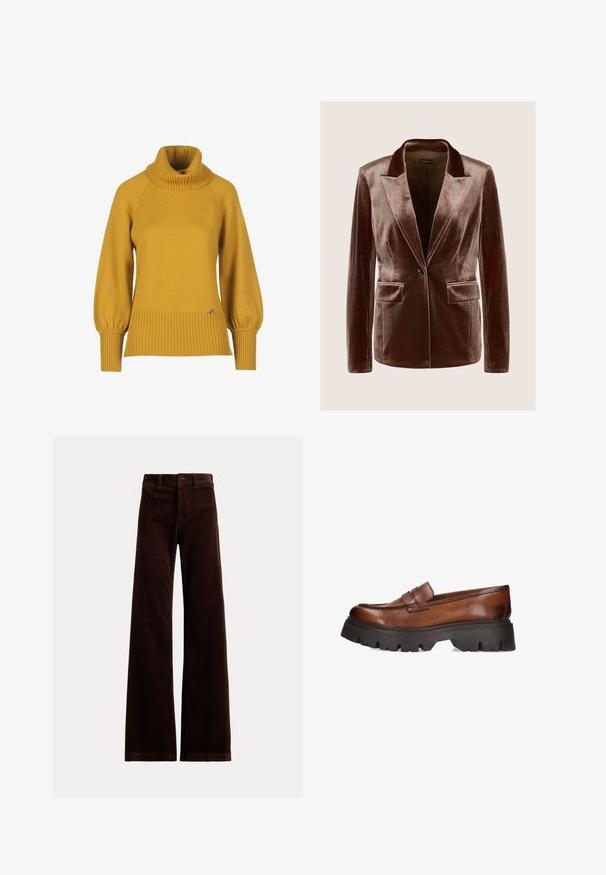 Blazer en velours marron avec revers à encoche, fermeture par un bouton unique, et deux poches avant à rabat, présenté sur un fond neutre.; Pull en maille jaune moutarde avec un col remonté en côtes, des manches raglan et un ourlet côtelé. Présente un petit logo métallique en accent.; Pantalon large en velours côtelé marron foncé avec passants pour ceinture et fermeture à bouton sur le devant, sur un fond uni.; Mocassins en cuir marron avec une semelle plateforme noire épaisse. Présentent un bout rond et un détail de sangle décoratif sur le devant.
