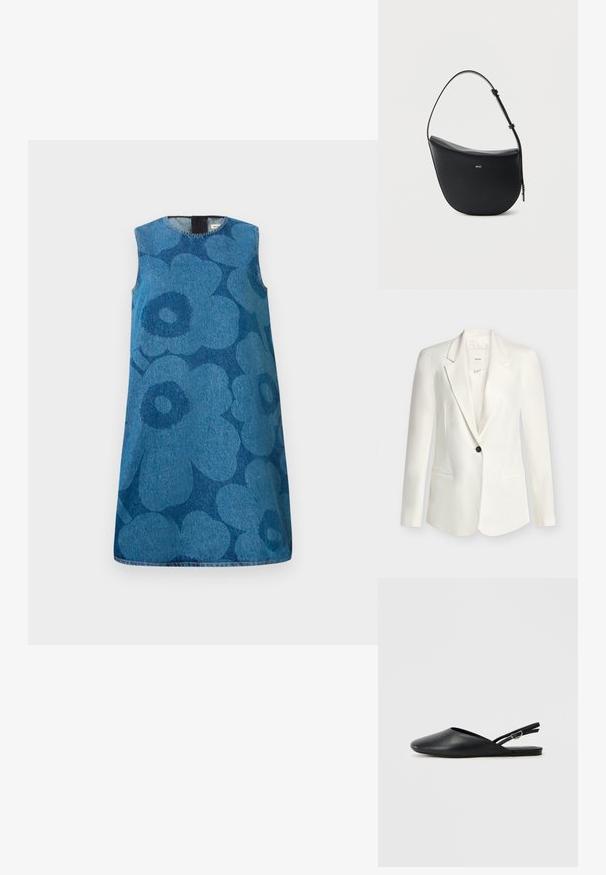 Hvid blazer med enkelt knap, V-udskæring på kraven og to forlommer, vist mod en ensartet lys baggrund.; Udenærmet denimkjole med et blomstermønster i forskellige nuancer af blå. Har en rund halsudskæring og en lige pasform.; Sorte læderslippers med spids tå, buet design og justerbar spænde. Glat tekstur, flad sål, minimalistisk detaljering.; Sort halv-måne skuldertaske i læder med justerbar rem og guld "BOSS"-logo centreret foran.