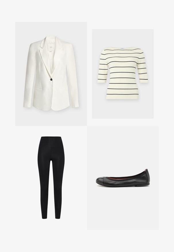 Weißer Blazer mit einem Knopf, Revers mit Kerbkragen und zwei Fronttaschen, dargestellt vor einem schlichten hellen Hintergrund.; Cremefarbenes, geripptes Strickoberteil mit schwarzen horizontalen Streifen und ellbogenlangen Ärmeln, mit einem Bootsausschnitt.; Schwarze Leggings aus dehnbarem Stoff. Hohe Taillenhöhe, glatte Textur, körpernahe Silhouette, keine sichtbaren Muster oder Verzierungen.; Schwarze Leder-Ballerinas mit runder Zehenpartie und glänzender Kappen-Detail. Sie verfügen über eine glatte Textur und dezente Nähte entlang der oberen Kante.