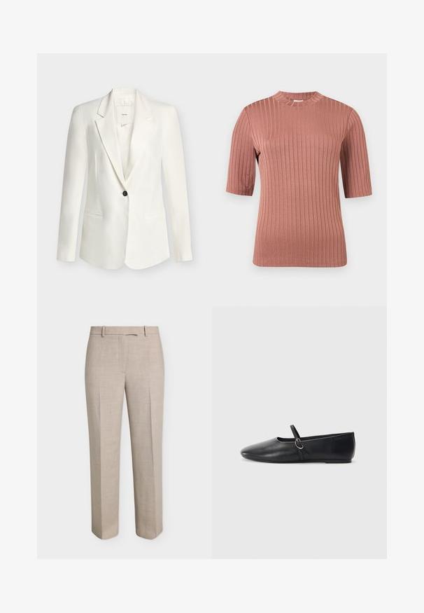 Blazer blanc à un bouton avec des revers à crans et deux poches avant, exposé sur un fond clair uni.; Haut à manches courtes rose poussiéreux à côtes avec col montant, silhouette ajustée et texture tricotée verticale.; Pantalon beige droit sur mesure avec passants de ceinture, fermeture éclair devant et pli marqué sur fond blanc.; Ballerines noires en cuir avec un bout pointu, une semelle plate et une petite sangle avec un détail de boucle en argent.