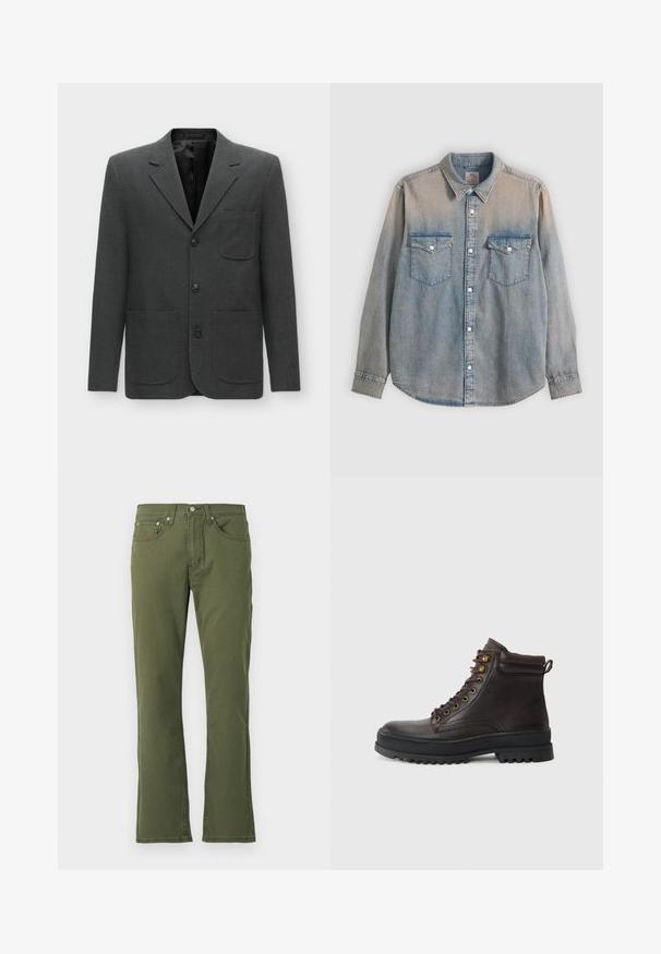 Dunkelgrauer Blazer aus strukturiertem Stoff, mit einer einzigen Brusttasche, Reverskragen und drei Frontknöpfen. Gefüttertes Innenteil.; Hellblaues, ausgewaschenes Jeanshemd mit langem Arm, Kragen, Knopfleiste vorne und zwei Brusttaschen mit Knopfklappen.; Olivgrüne Schlagjeans aus Baumwolle mit glatter Textur; verfügen über fünf Taschen, einen Knopfverschluss und dezente Stickdetails.; Braune Leder-Ankle Boots verfügen über eine abgerundete Spitze, eine strukturierte Oberfläche, goldene Metallösen und eine dicke schwarze Gummisohle für besseren Halt.