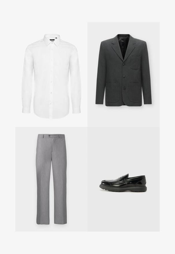 Blazer gris foncé en tissu texturé, avec une poche poitrine unique, des revers crantés et trois boutons à l'avant. Intérieur doublé.; Chemise blanche à manches longues en tissu tissé, avec un col à rabat, une patte de boutonnage à l'avant et des manches avec boutons. Design minimal.; Pantalons habillés gris sur mesure avec passants de ceinture, bouton frontal et braguette zippée, dotés d'une coupe droite.; Mocassin en cuir noir avec une finition brillante, bout arrondi, détails de couture subtils et semelle en caoutchouc épaisse pour la durabilité.