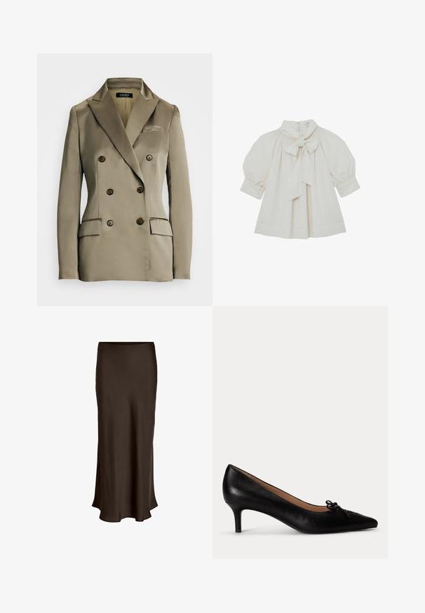Beige Doppelreiher-Blazer aus glattem Satinmaterial. Mit großen runden Knöpfen, zwei vorderen Taschen und einem Reverskragen.; Cremefarbene Bluse mit Schleife am Kragen, Raffung und Puffärmeln mit geknöpften Manschetten. Glatter Stoff, lockere Passform.; VILA VIELLETTE HW MIDI SKIRT - NOOS - Maxirock - coffee bean; Schwarzer Leder-Pumps mit spitzer Zehenpartie, niedrigem Kitten-Heel und kleinem dekorativem Schleifchen oben, seitlich auf weißem Hintergrund abgebildet.