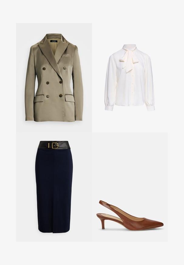 Beige Doppelreiher-Blazer aus glattem Satinmaterial. Mit großen runden Knöpfen, zwei vorderen Taschen und einem Reverskragen.; Langärmlige weiße Bluse mit Knopfleiste vorne und großer gebundener Schleife im Ausschnitt vor einfarbigem Hintergrund.; Marineblauer Bleistiftrock mit einem breiten schwarzen Bund und einer großen goldenen Schnalle, ausgestattet mit einer vorderen Naht und einem dezenten Schlitz vorne.; Brauner Leder-Damenslingback mit spitzer Schuhspitze und niedrigem Kittenabsatz auf weißem Hintergrund.