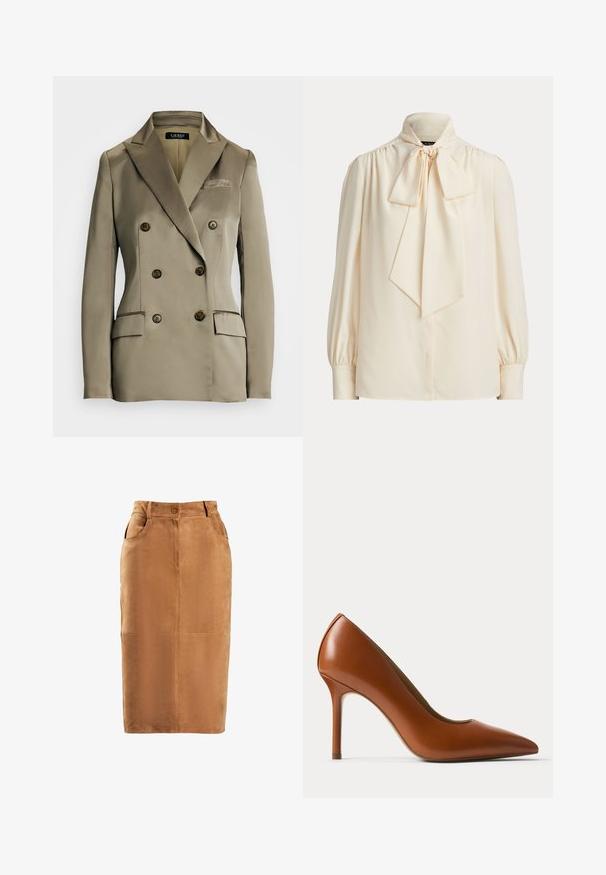 Blazer beige de doble botonadura hecho de un suave tejido de satén. Presenta grandes botones redondos, dos bolsillos frontales y un cuello con muesca.; Blusa de manga larga de color crema con cuello alto y gran lazo atado en el cuello, con hombros fruncidos y puños con botones.; Falda lápiz de ante marrón con cintura alta, cierre de botones en el frente, dos bolsillos laterales y detalles de costura vertical. Textura suave.; Zapato de tacón alto de cuero marrón con punta afilada y tacón de aguja delgado sobre un fondo claro y liso.