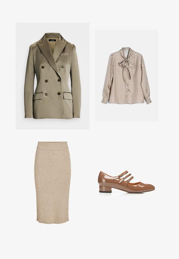 Dubbelzijdig beige blazer van glad satijn stof. Bevat grote ronde knopen, twee voorzakken en een gekante kraag.; Witte blouse met lange mouwen, bruin vierkant patroon en een grote gebonden strik bij de hals, gepresenteerd op een vlakke ondergrond.; Gebreide rok in een lichtbeige kleur met een verticale ribstructuur, knie lengte met een elastische tailleband en een rechte snit.; Bruine lakleren Mary Jane-schoen met drie verstelbare gespsluitingen en een lage blokhak.