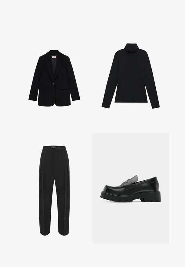 Schwarze Ein-Knopf-Blazerjacke mit Reverskragen, Klapptaschen und langen Ärmeln, vor einem weißen Hintergrund hängend.; Schwarzes langärmeliges Rollkragenshirt. Weicher Stoff, enganliegendes Design, hoher Kragen und seitliche Nähte. Schlichter und vielseitiger Stil, der sich gut für das Layering eignet.; Schwarze weit geschnittene Hose mit hoher Taille, aus einem glatten Material und mit zwei vorderen Falten. Entworfen in einem klaren, maßgeschneiderten Schnitt.; Schwarze Leder-Loafers mit einer chunky strukturierten Sohle, ausgestattet mit einem Riemen über dem Spann und einer glatten, polierten Oberfläche.