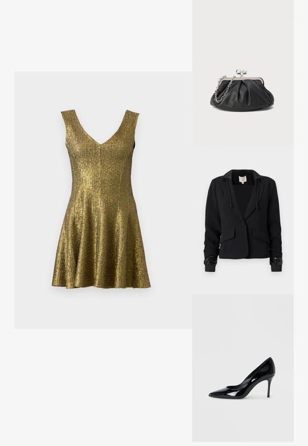 Schwarzer Blazer mit Kapuze, strukturiertem Design, zwei vorderen Taschen und mit Pailletten verzierte gerippte Bündchen. Glatter Stoff mit tailliertem Schnitt.; Goldenes Paillettenkleid mit V-Ausschnitt, tailliertem Oberteil und schwingendem Rock. Hergestellt aus strukturiertem Material mit glänzender Oberfläche. Ärmelloses Design.; Schwarze Lacklederpumps mit spitzer Zehenpartie und schlankem Stiletto-Absatz. Glatte Textur mit glänzender Oberfläche und minimalistischem Design.; Schwarze Leder-Clutch mit geraffter Textur, silberfarbener Metallrahmen, Druckverschluss und Kettenriemen. Glatte, weiche Oberfläche.