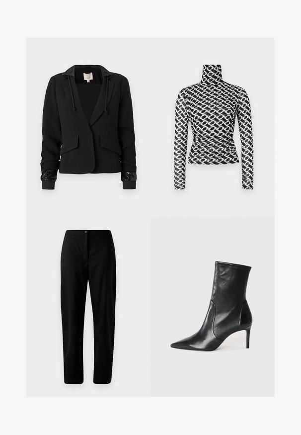 Sort blazer med hætte, struktureret design, to forlommer og ribbede manchetter pyntet med pailletter. Glat stof med skræddersyet pasform.; Langærmet rullekravetrøje i gennemsigtigt sort stof med et gentagende mønster af hvide kæder. Figursyet design med diskrete rynkedetaljer ved taljen.; Sorte lige bukser med knap- og lynlåslukning, glat stof og minimal detaljering mod en ensfarvet lyse baggrund.; Sorte ankelstøvler lavet af glat læder, med spids tå, tætsiddende skaft og en slank høj hæl. Minimalistisk design uden synligt hardware.