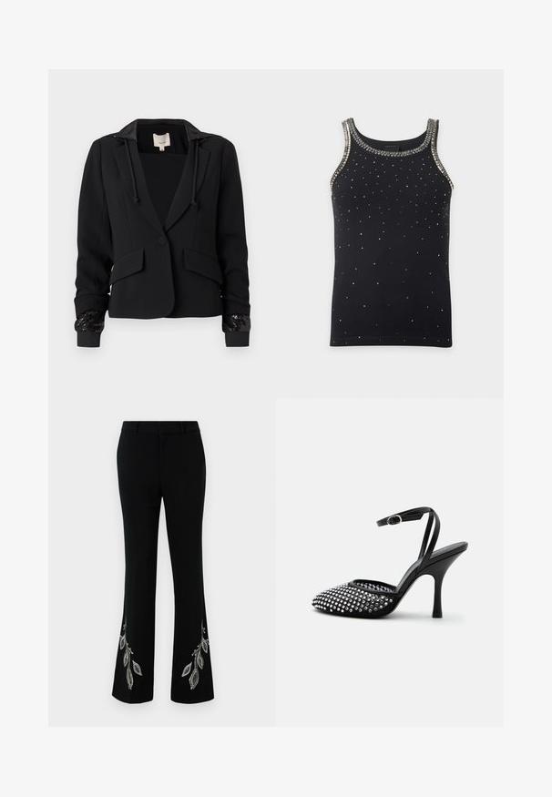 Zwarte blazer met capuchon, gestructureerd ontwerp, twee voorzakken en geribde mouwen versierd met pailletten. Gladde stof met een getailleerde pasvorm.; Zwart mouwloos topje met kleine verspreide strass-steentjes en grotere zilveren strass-versieringen langs de halslijn en mouwranden.; Zwarte uitlopende broek met geborduurde zilveren bladdesigns bij de zoom. Gemaakt van gladde stof met een gestructureerde tailleband en een slanke pasvorm.; Zwarte pumps met hoge hak, enkelriem, puntige neus en voorkant versierd met zilveren studs op een transparante mesh basis.
