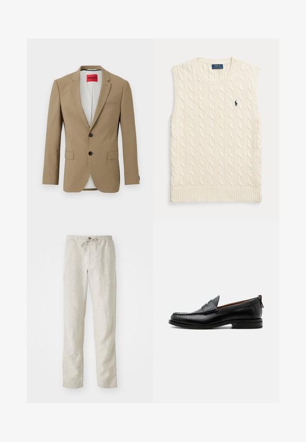 Beige enkeltknappet blazer med to sorte knapper, hakkede revers, to klaplommer og en rød "HUGO"-etiket indeni kraven.; Kremfarvet kabelstrikket ærmeløs sweatervest med ribkanter og lille mørkeblå Polo Ralph Lauren-logo på venstre bryst.; Lys beige linnedragt med lige ben, elastisk talje, justerbar snor og ingen synlige mønstre eller metaldele.; Sort læder herre loafer med moc-tå syning, penny strop, struktureret krave og lav stablet hæl på hvid baggrund.