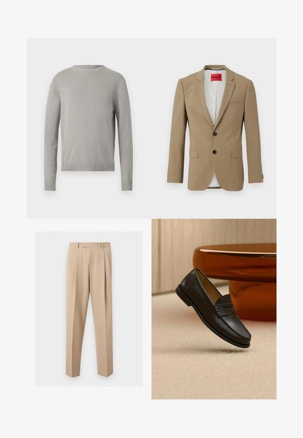 Beige enkeltknappet blazer med to sorte knapper, hakkede revers, to klaplommer og en rød "HUGO"-etiket indeni kraven.; Lys grå strikket sweater med rund halsudskæring, ribbede manchetter og kant. Har et struktureret stof i en ensfarvet farve uden mønstre.; Beige skræddersyede bukser med frontplisser, bæltestropper og lige ben, vist mod en ensartet lys baggrund.; Sort læder loafer-sko hængende over beige tæppe med ravfarvet moderne møblement i baggrunden.