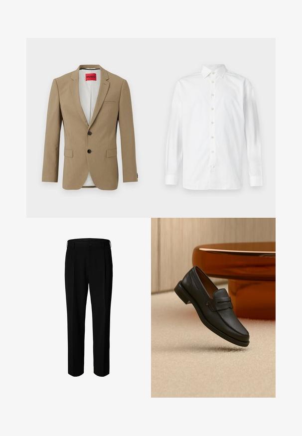 Beiger einreihiger Blazer mit zwei schwarzen Knöpfen, fallendem Revers, zwei Pattentaschen und einem roten "HUGO"-Label im Innenkragen.; Weißes langärmeliges Hemd mit Knopfleiste, verbreitetem Kragen und geknöpften Manschetten, auf weißem Hintergrund dargestellt.; Schwarze formelle Hose mit Gürtelschlaufen, Frontknopf und Reißverschluss, vor weißem Hintergrund dargestellt.; Schwarzer Leder-Herrenloafer mit einem Band über dem Spann, auf beigem Teppich neben einem braunen modernen runden Tisch präsentiert.