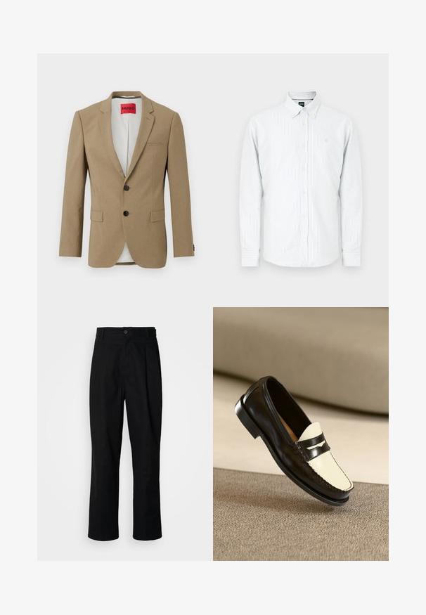 Blazer beige de un solo pecho con dos botones negros, solapas con muesca, dos bolsillos con solapa y una etiqueta roja "HUGO" dentro del cuello.; Camisa de botones con rayas azul claro y blanco, material de algodón, mangas largas, cuello abotonado, pequeño logo bordado en el pecho.; Pantalones rectos negros con cintura con botones, trabillas para cinturón y pliegue frontal, exhibidos sobre un fondo blanco liso.; Mocasines de cuero negro con un vampiro color crema y rayas de acento negras, presentando un tacón bajo y costuras detalladas a lo largo de los bordes.