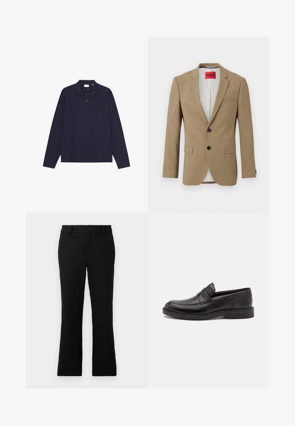 Beiger einreihiger Blazer mit zwei schwarzen Knöpfen, fallendem Revers, zwei Pattentaschen und einem roten "HUGO"-Label im Innenkragen.; Marineblaues langärmliges Baumwollpolohemd mit Kragen, ausgestattet mit einer Drei-Knopf-Leiste und einer schlichten Textur. Keine sichtbaren Muster oder Akzente.; Schwarze, weit geschnittene Hosen aus einem Baumwollgemisch, mit einem Knopfverschluss, Gürtelschlaufen und einer glatten Textur ohne sichtbare Muster.; Schwarze Lederloafers mit genähter Zehenpartie, zwei horizontalen Riemen über dem Blatt und einem Holzabsatz. Glatte Textur und abgerundete Form.