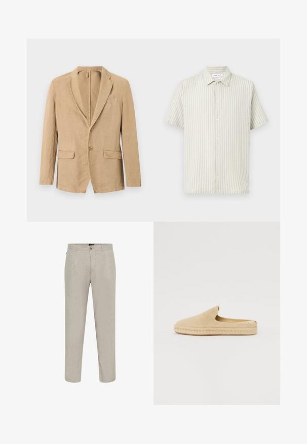 Beige enkeltradet blazer med to knapper, haklap, to klaplommer og en brystlomme, vist på hvid baggrund.; Kortærmet skjorte med knapper og lodrette teksturerede striber i beige og creme toner, med en klassisk krave.; Beige linnedragtbukser med struktureret overflade, der har en lige ben-design, to frontlommer og en knaplukning ved taljen.; Suedestøvle i beige med rund tå, jute reb mellemsål og en struktureret gummisål. Simpelt design, ingen synlig hardware.