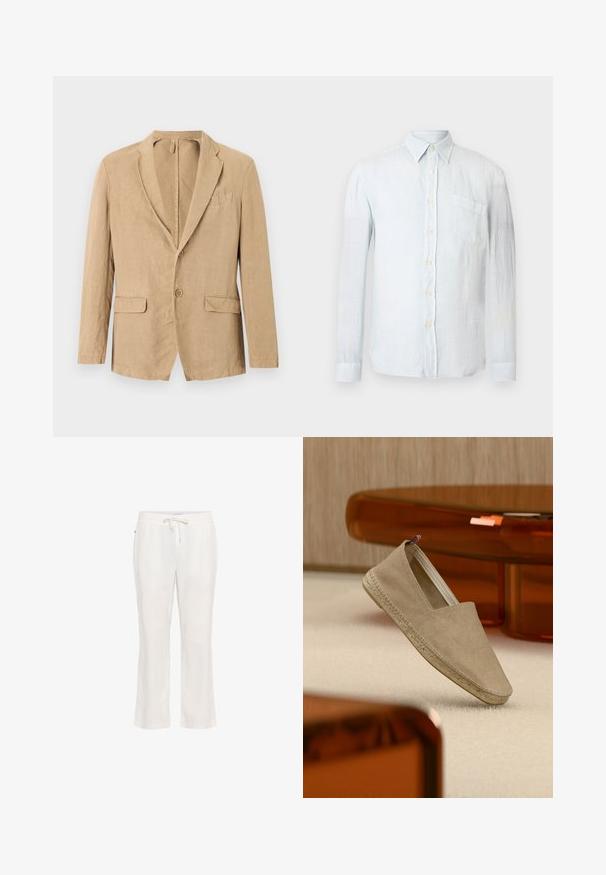 Beige enkeltradet blazer med to knapper, haklap, to klaplommer og en brystlomme, vist på hvid baggrund.; Lyseblå linnedragt med lange ærmer, knaplukning foran og enkelt brystlomme. Blød tekstur med afslappet pasform og klassisk krave.; Lettere, hvide linnedbukser med elastisk talje og snorbindning. Lige ben-design med en glat tekstur og uden bemærkelsesværdige mønstre.; Beige lærredsespadrille med vævet sål og lille trikolor hælflig, placeret på et lyst tæppe med ravfarvet møblement i baggrunden.