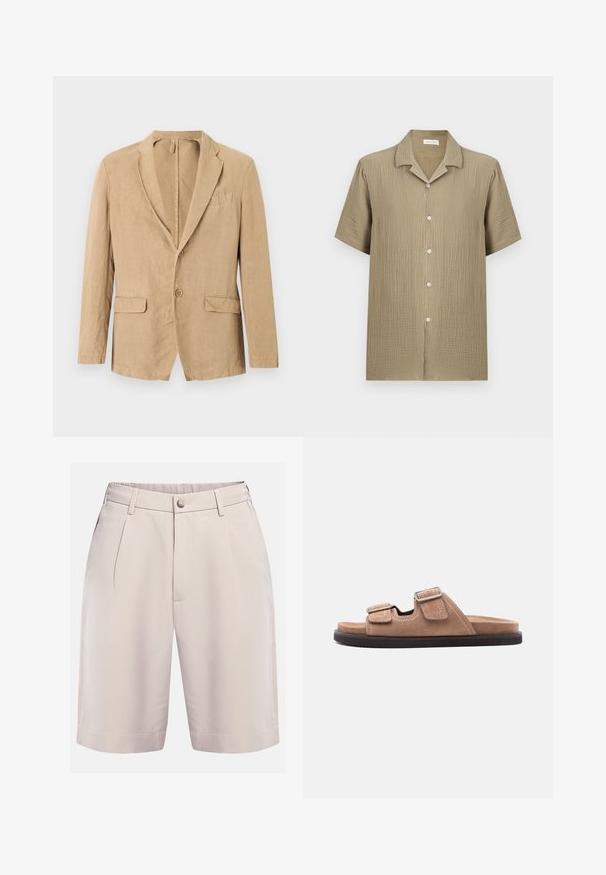 Blazer beige à simple boutonnage avec deux boutons, col cranté, deux poches à rabat et une poche poitrine, présenté sur un fond blanc.; Chemise marron clair à manches courtes avec boutons, tissu texturé et col pointu, présentée sur un fond uni.; Shorts beiges ajustés avec plis sur le devant, passants pour ceinture, poches latérales, fermeture à boutons et ourlet droit.; Sandale à glissière en suède marron avec semelle noire, présentant deux brides ajustables avec boucles et détail de couture blanche, vue latérale sur fond blanc.