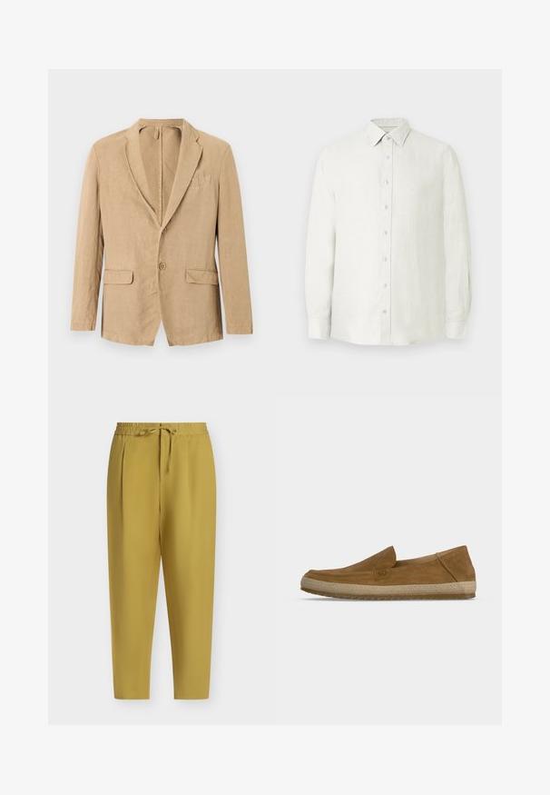 Blazer beige à simple boutonnage avec deux boutons, col cranté, deux poches à rabat et une poche poitrine, présenté sur un fond blanc.; Chemise en lin beige clair avec une fermeture boutonnée à l'avant, des manches longues et un col classique. Elle présente un petit logo sur la poitrine.; Pantalon jaune moutarde fuselé avec taille élastique et cordon, plis devant et coupe longueur cheville.; Chaussure marron en suède sans lacets avec une semelle intermédiaire beige tissée et une semelle extérieure en caoutchouc texturée, présentée de profil sur fond blanc.