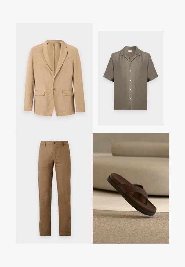 Blazer beige à simple boutonnage avec deux boutons, col cranté, deux poches à rabat et une poche poitrine, présenté sur un fond blanc.; Chemise à manches courtes boutonnée en lin beige avec col camp, cinq boutons devant et coupe décontractée.; Pantalon marron à jambes droites avec passants de ceinture et fermeture boutonnée et zippée à l'avant sur fond uni.; Sandale claquette en cuir marron avec une semelle noire suspendue au-dessus d'un tapis beige dans un intérieur aux tons neutres.