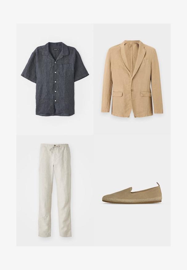 Beige enkeltradet blazer med to knapper, haklap, to klaplommer og en brystlomme, vist på hvid baggrund.; Kortærmet skjorte i antracit lin med afslappet krave, frontlomme og hvide knapper. Glat tekstur med subtile stofvariationer.; Lys beige linnedragt med lige ben, elastisk talje, justerbar snor og ingen synlige mønstre eller metaldele.; Beige slip-on espadrille med ruskindsoverdel, flettet reb-mellemsål, gummiydersål og trækflig ved hælen mod en ensfarvet lys baggrund.