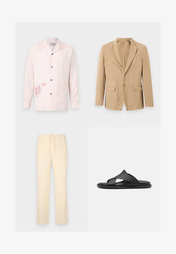 Blazer beige à simple boutonnage avec deux boutons, col cranté, deux poches à rabat et une poche poitrine, présenté sur un fond blanc.; Chemise rose pâle à manches longues avec boutons, col cranté et petit imprimé floral rose en bas à gauche.; Pantalons jaunes clairs, amples, en tissu doux, avec une taille élastique avec cordon de serrage et jambes droites.; Stuart Weitzman BERKLEY - Mules - black
