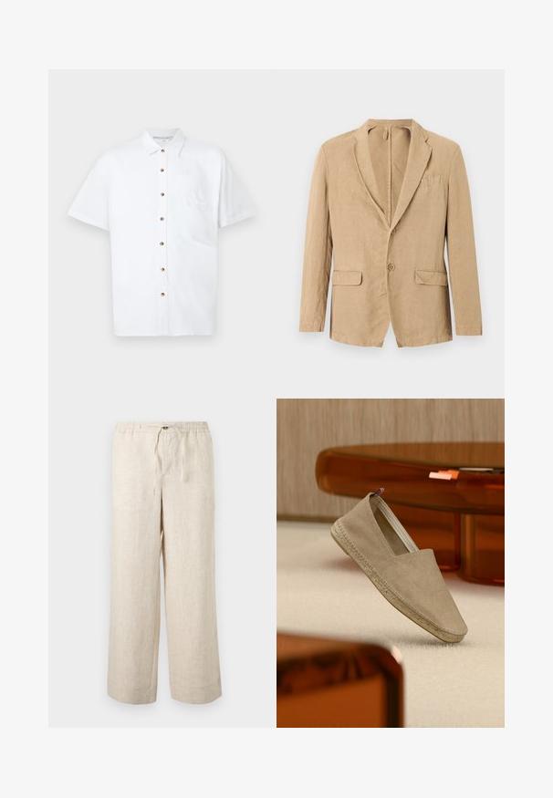 Blazer beige à simple boutonnage avec deux boutons, col cranté, deux poches à rabat et une poche poitrine, présenté sur un fond blanc.; Chemise blanche à manches courtes en lin, dotée d'une fermeture à boutons sur le devant, d'une poche poitrine et de boutons en bois pour les accents.; Pantalon large en lin beige avec taille élastique, bouton à l'avant et fermeture par cordon, présenté sur un fond clair uni.; Espadrille en toile beige avec semelle tressée et petite languette tricolore sur le talon, posée sur un tapis clair avec un mobilier teinté d'ambre en arrière-plan.