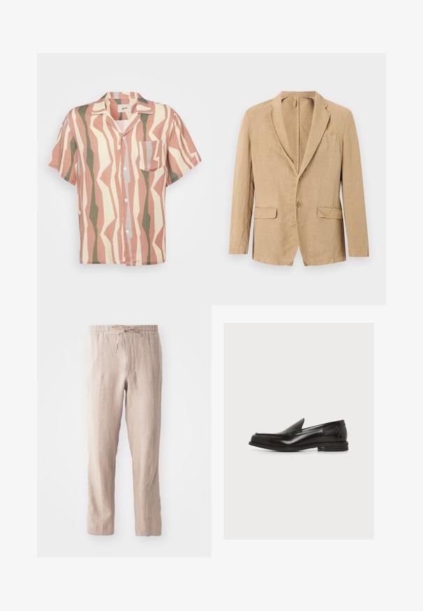 Beige enkeltradet blazer med to knapper, haklap, to klaplommer og en brystlomme, vist på hvid baggrund.; Kortærmet button-up skjorte med et lyserødt, beige og grønt zigzag mønster; inkluderer en enkelt brystlomme og hvide knapper.; Beige linnedbukser med elastisk talje og snor. Lige ben design med en blød tekstur og minimalistisk stil.; Sort læderslip-on loafer med lav hæl og syninger, sidemærke, på ensfarvet hvid baggrund.