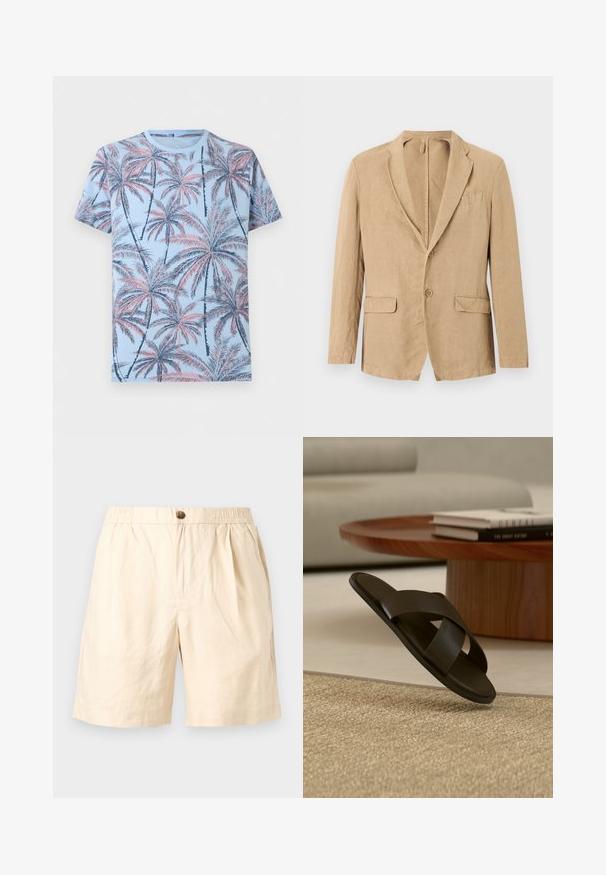 Blazer beige à simple boutonnage avec deux boutons, col cranté, deux poches à rabat et une poche poitrine, présenté sur un fond blanc.; T-shirt bleu clair à manches courtes avec un motif intégral de palmiers rose et bleu marine.; Shorts décontractés beiges avec taille élastique, fermeture à bouton unique, poches latérales et coupe ample adaptée aux temps chauds.; Sandale slide en cuir noir avec larges brides croisées sur un tapis beige, près d'une table basse ronde en bois avec des livres empilés.