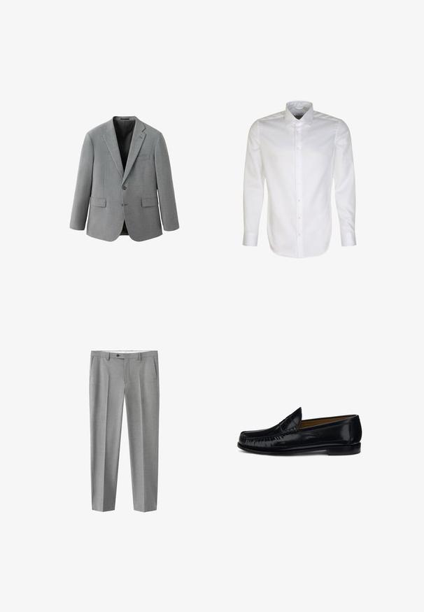 Blazer gris pour homme à simple boutonnage avec revers crantés, deux boutons, poches à rabat et une poche poitrine passepoilée, présenté sur fond blanc.; Chemise blanche à manches longues, en tissu lisse, avec un col classique, une coupe droite et un léger brillant. Sans motifs ni accents.; Pantalon de costume homme gris clair avec passants de ceinture, poches avant, fermeture par bouton et zip, et plis marqués sur chaque jambe.; Mocassin pour homme en cuir noir avec couture moc toe et petit talon empilé, présenté en profil droit sur fond blanc.
