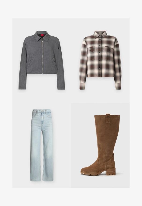 Graue langärmelige Jacke mit Kragen, vorderer Reißverschluss mit rundem Zipper und Seitentaschen, flach auf einem weißen Hintergrund liegend.; CLOSED CROPPED FRONT OVERSIZED SHIRT - Hemdbluse - dark raisin red; Hellblaue Jeans mit hoher Taille und weitem Bein, Vordertaschen, Gürtelschlaufen und Metallknopfverschluss auf einfachem Hintergrund.; Tamaris Stiefel - brown