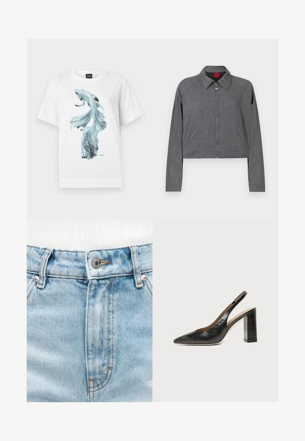 Chaqueta gris de manga larga con cuello, cierre frontal con cremallera y tirador circular, y bolsillos laterales, extendida sobre un fondo blanco.; Camiseta blanca con un gráfico detallado de un pez betta azul claro centrado en el frente y un pequeño logo de BOSS debajo del pez.; Área de la cintura de unos jeans de mezclilla azul claro con botón metálico y pasadores para cinturón, combinados con una camiseta blanca de tejido acanalado metida por dentro.; Zapato slingback de piel negra con puntera puntiaguda, tacón alto y ancho, y forro interior beige sobre un fondo claro y liso.